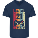 21st Birthday 21 Year Old Level Up Gamming Mens V-Neck Cotton T-Shirt Navy Blue
