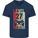 27th Birthday 27 Year Old Level Up Gamming Mens V-Neck Cotton T-Shirt Navy Blue