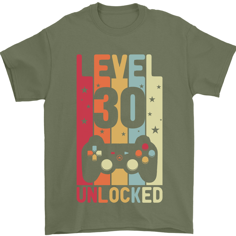 30th Birthday 30 Year Old Level Up Gamming Mens T-Shirt 100% Cotton Military Green