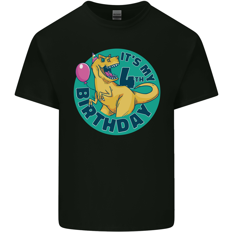 4th Birthday Dinosaur T-Rex 4 Year Old Kids T-Shirt Childrens Black