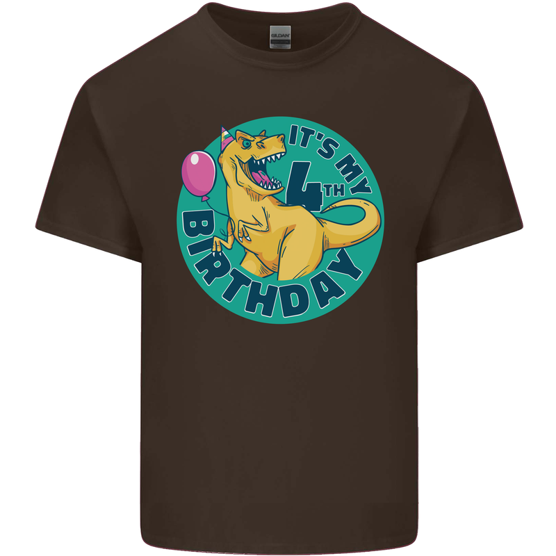 4th Birthday Dinosaur T-Rex 4 Year Old Kids T-Shirt Childrens Chocolate
