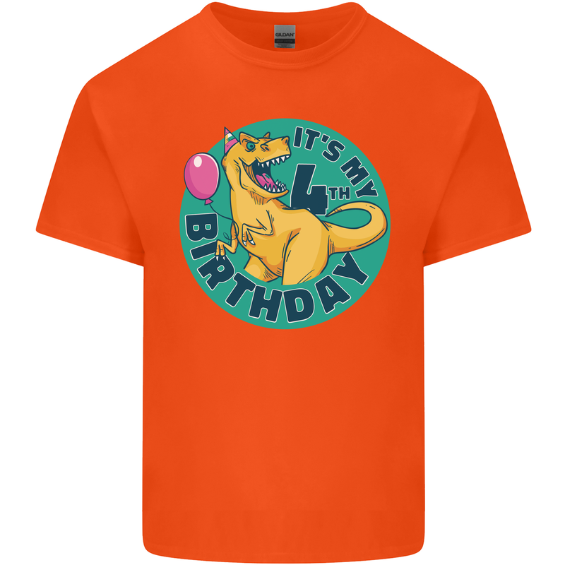 4th Birthday Dinosaur T-Rex 4 Year Old Kids T-Shirt Childrens Orange