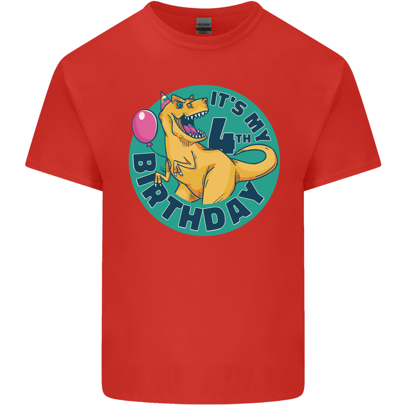 4th Birthday Dinosaur T-Rex 4 Year Old Kids T-Shirt Childrens Red
