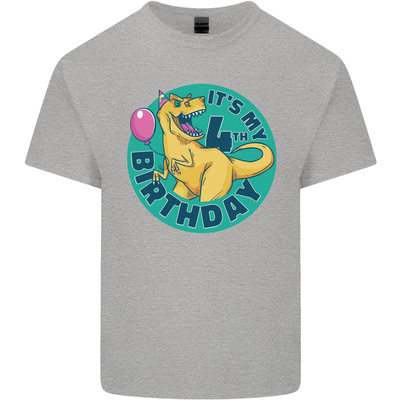 4th Birthday Dinosaur T-Rex 4 Year Old Kids T-Shirt Childrens Sports Grey