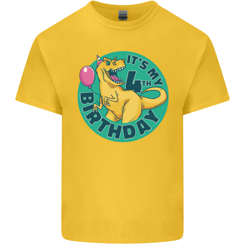 4th Birthday Dinosaur T-Rex 4 Year Old Kids T-Shirt Childrens Yellow