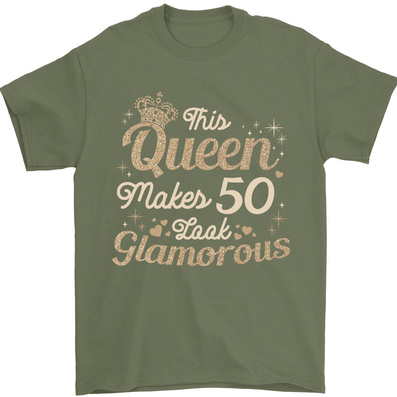 50th Birthday Queen Fifty Years Old 50 Mens T-Shirt Cotton Gildan Military Green