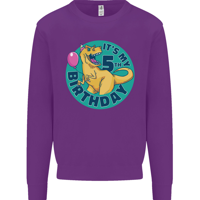 5th Birthday Dinosaur T-Rex 5 Year Old Kids Sweatshirt Jumper Purple