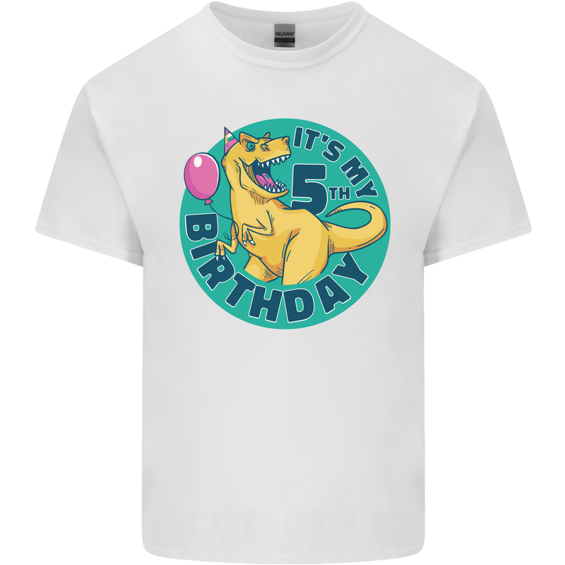 5th Birthday Dinosaur T-Rex 5 Year Old Kids T-Shirt Childrens White