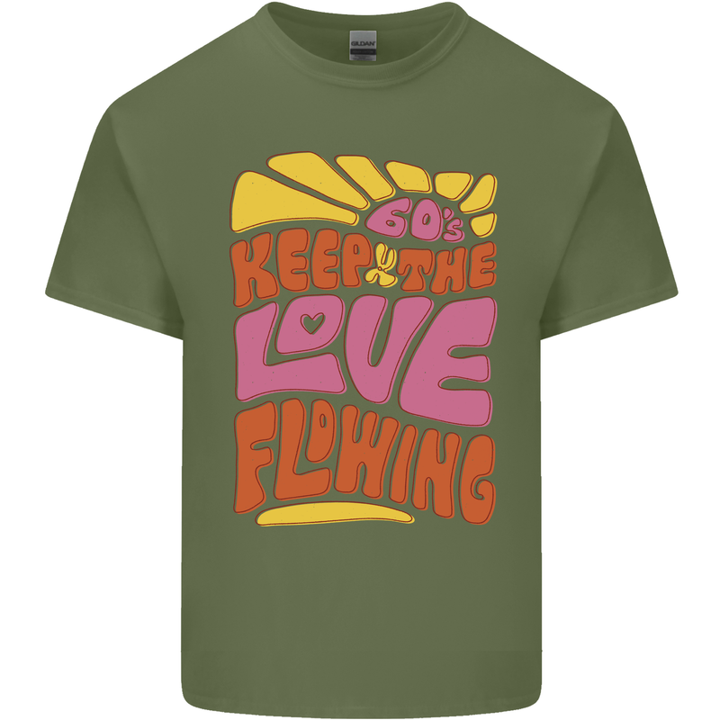 60s Keep the Love Flowing Funny Hippy Peace Mens Cotton T-Shirt Tee Top Military Green