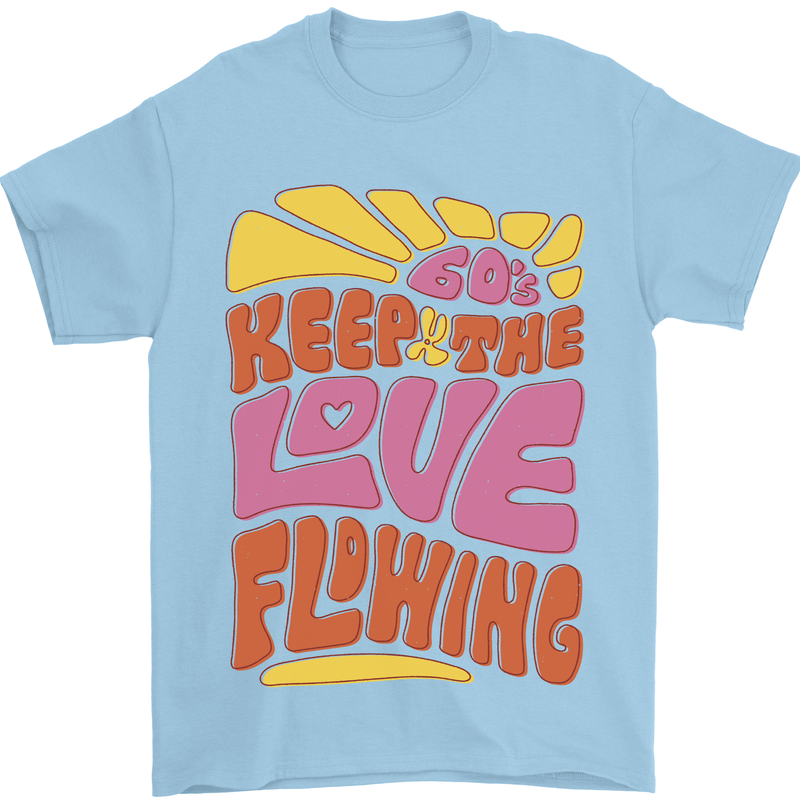 60s Keep the Love Flowing Funny Hippy Peace Mens T-Shirt Cotton Gildan Light Blue