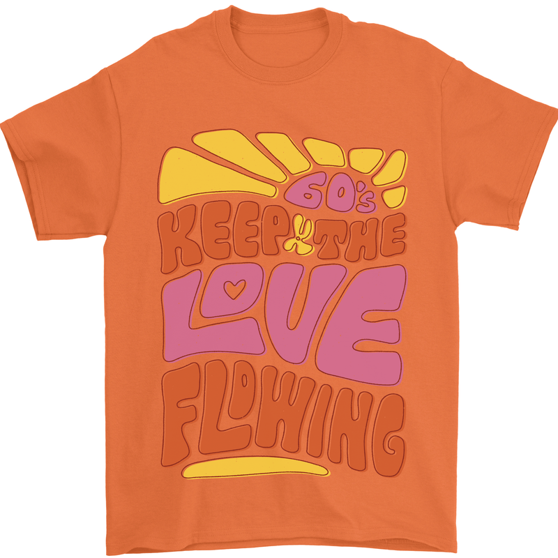 60s Keep the Love Flowing Funny Hippy Peace Mens T-Shirt Cotton Gildan Orange
