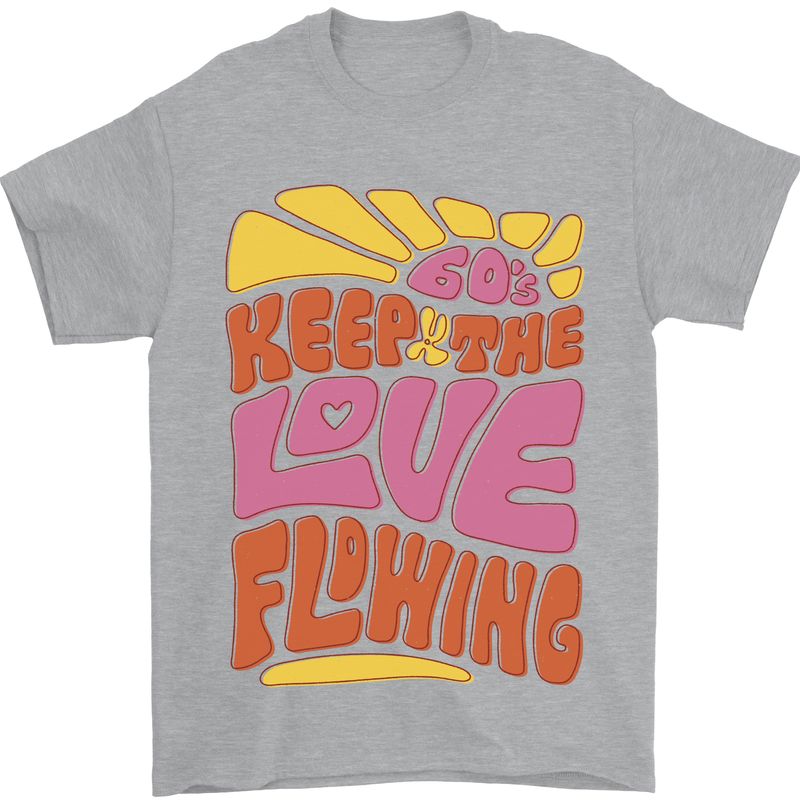 60s Keep the Love Flowing Funny Hippy Peace Mens T-Shirt Cotton Gildan Sports Grey
