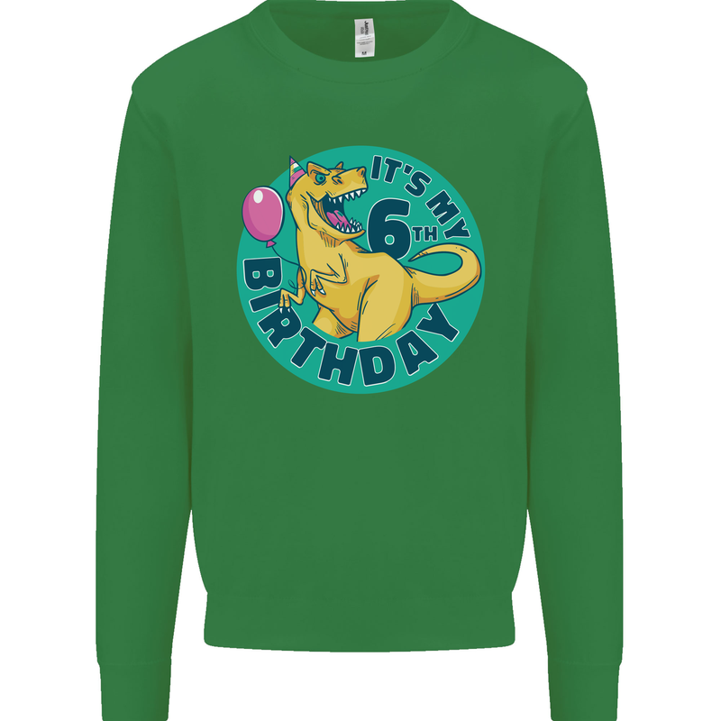 6th Birthday Dinosaur T-Rex 6 Year Old Kids Sweatshirt Jumper Irish Green