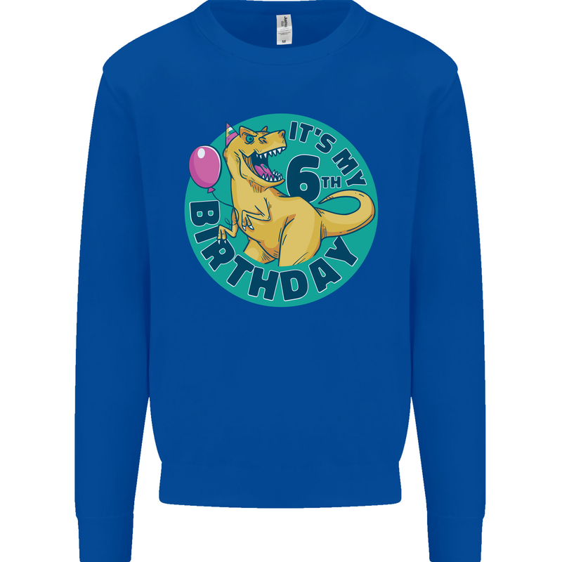6th Birthday Dinosaur T-Rex 6 Year Old Kids Sweatshirt Jumper Royal Blue