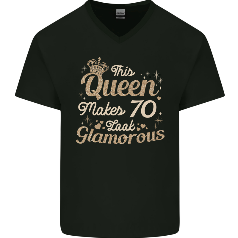 70th Birthday Queen Seventy Years Old 70 Mens V-Neck Cotton T-Shirt Black