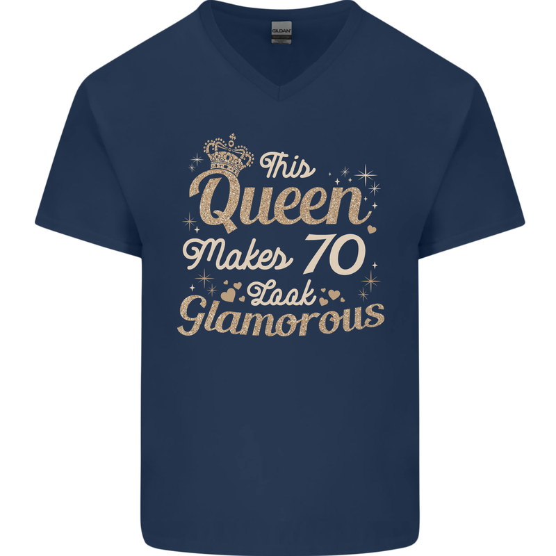 70th Birthday Queen Seventy Years Old 70 Mens V-Neck Cotton T-Shirt Navy Blue