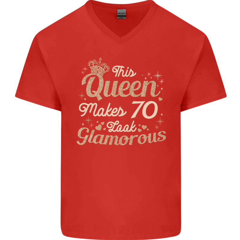 70th Birthday Queen Seventy Years Old 70 Mens V-Neck Cotton T-Shirt Red