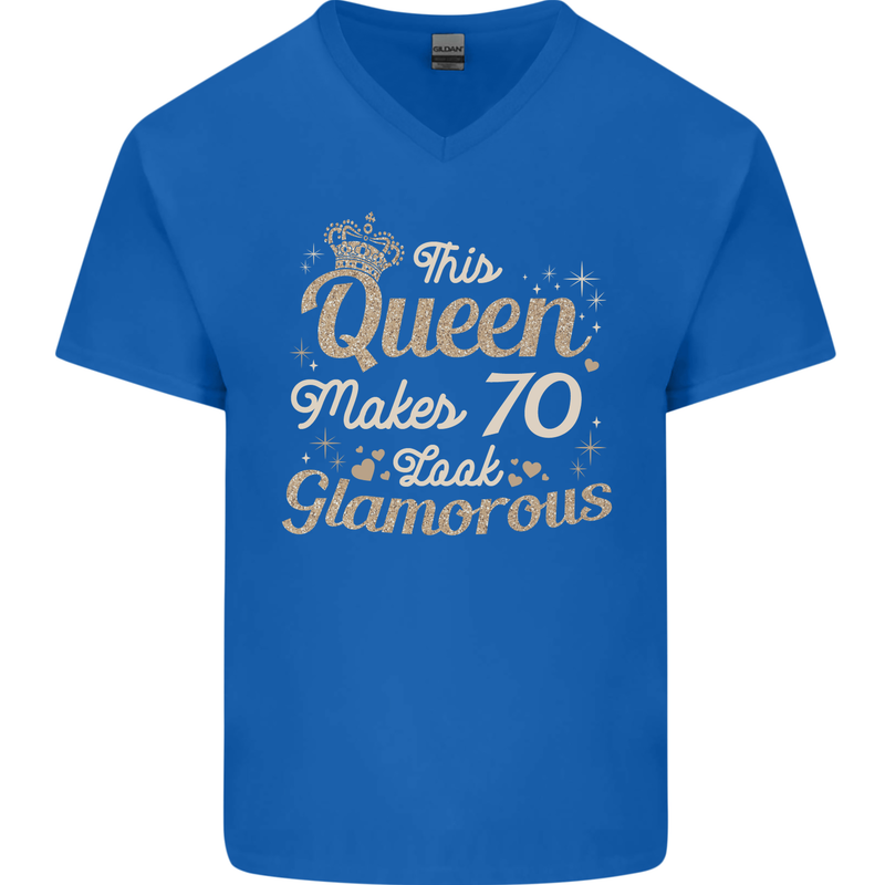70th Birthday Queen Seventy Years Old 70 Mens V-Neck Cotton T-Shirt Royal Blue