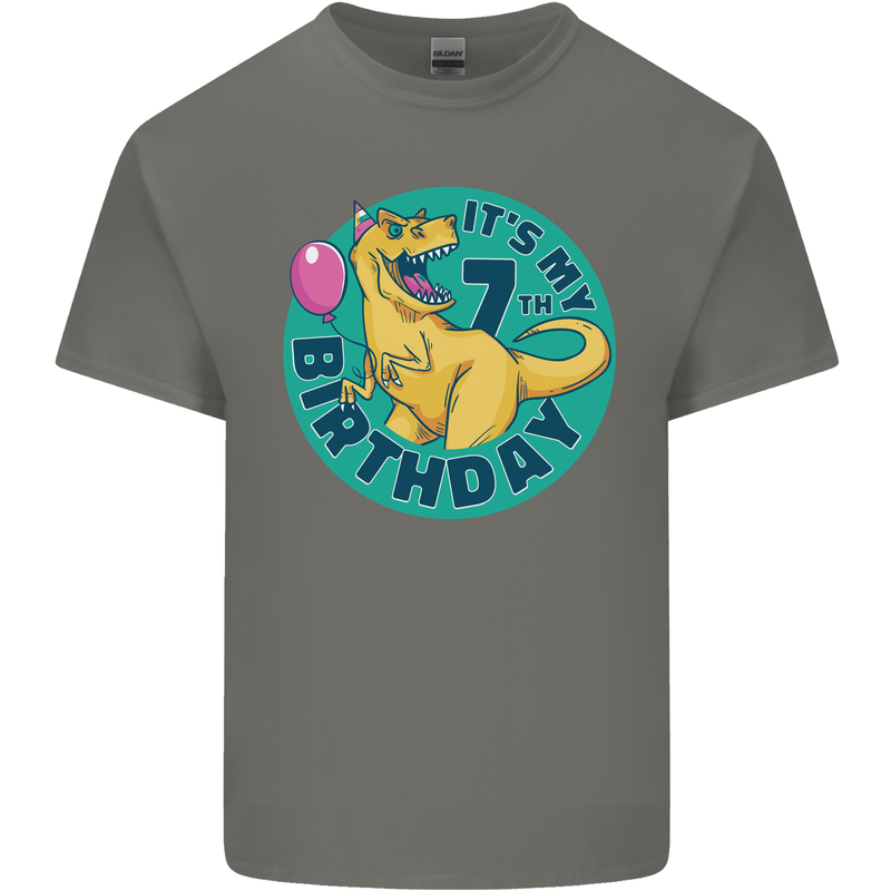 7th Birthday Dinosaur T-Rex 7 Year Old Kids T-Shirt Childrens Charcoal