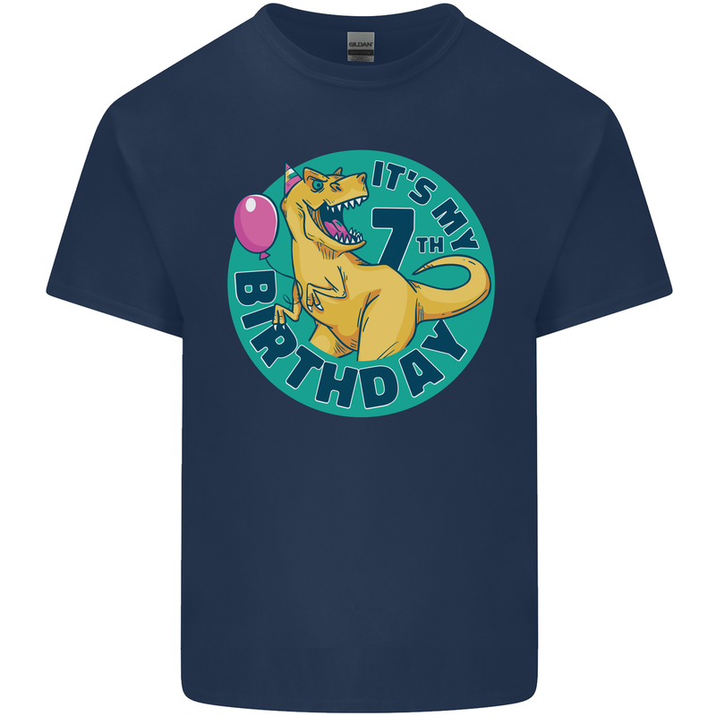 7th Birthday Dinosaur T-Rex 7 Year Old Kids T-Shirt Childrens Navy Blue