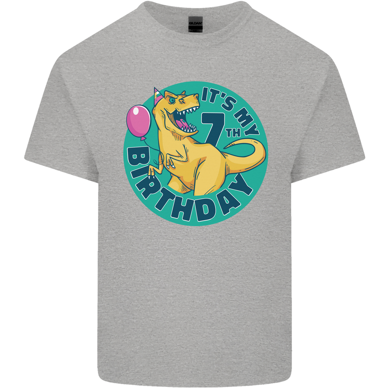 7th Birthday Dinosaur T-Rex 7 Year Old Kids T-Shirt Childrens Sports Grey