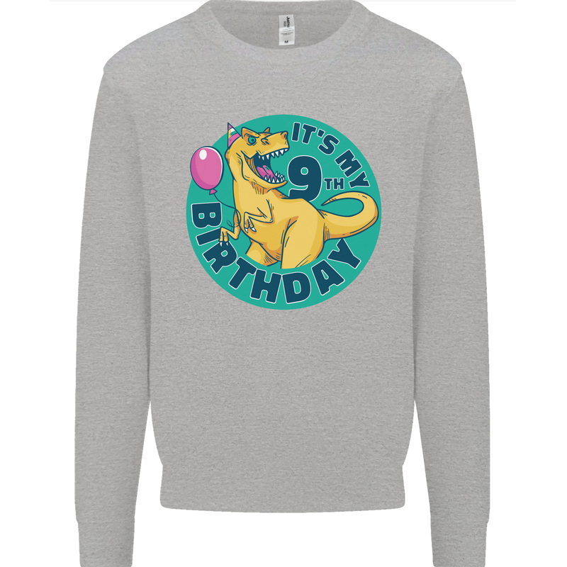 9th Birthday Dinosaur T-Rex 9 Year Old Kids Sweatshirt Jumper Sports Grey