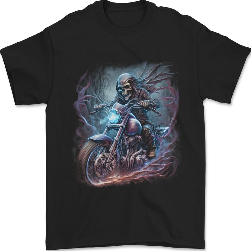 A Biker Skeleton on a Motorcycle Skull Mens T-Shirt 100% Cotton Black
