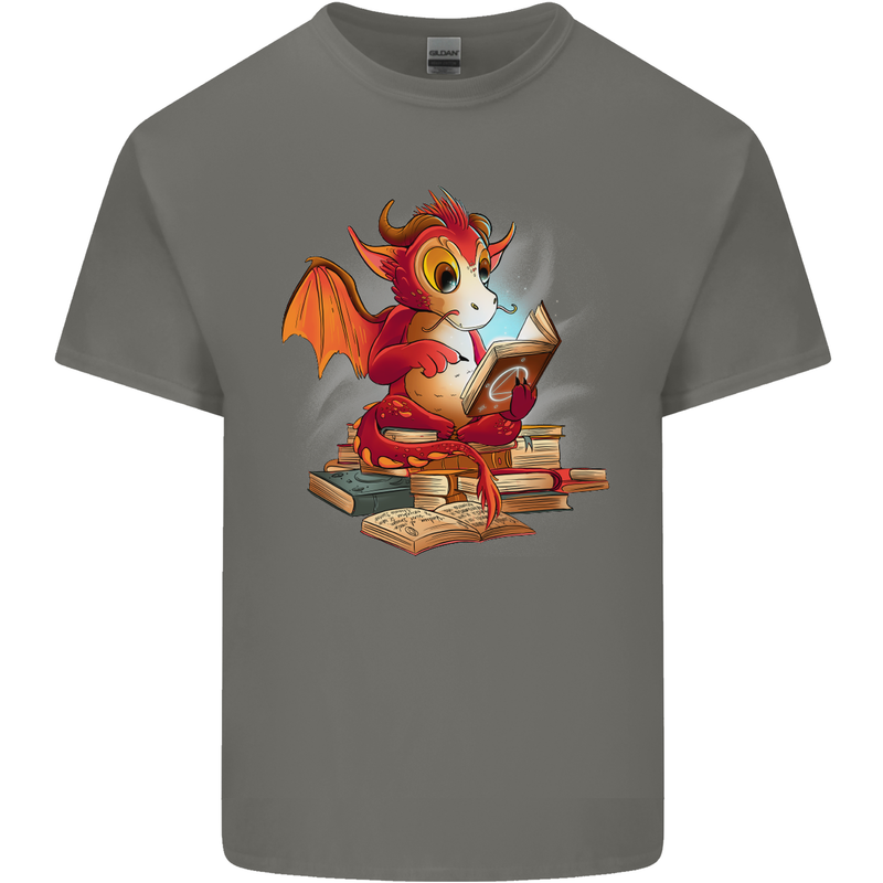 A Book Reading Dragon Bookworm Fantasy Mens Cotton T-Shirt Tee Top Charcoal