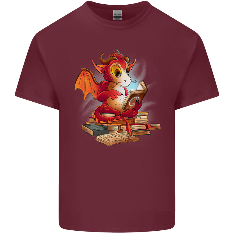 A Book Reading Dragon Bookworm Fantasy Mens Cotton T-Shirt Tee Top Maroon
