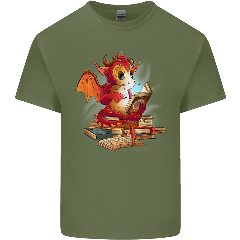 A Book Reading Dragon Bookworm Fantasy Mens Cotton T-Shirt Tee Top Military Green
