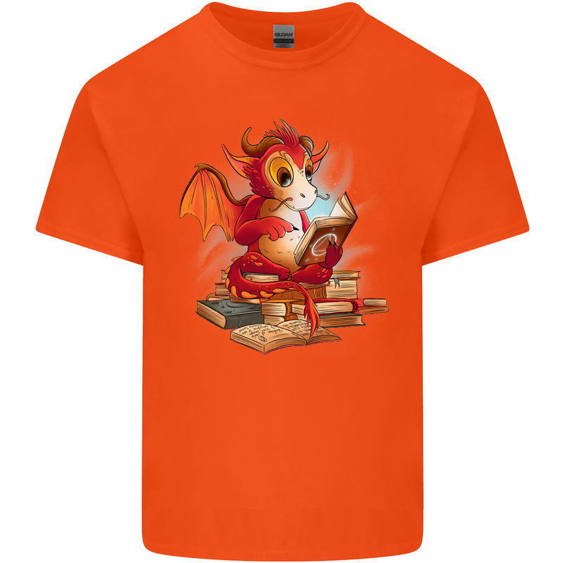 A Book Reading Dragon Bookworm Fantasy Mens Cotton T-Shirt Tee Top Orange