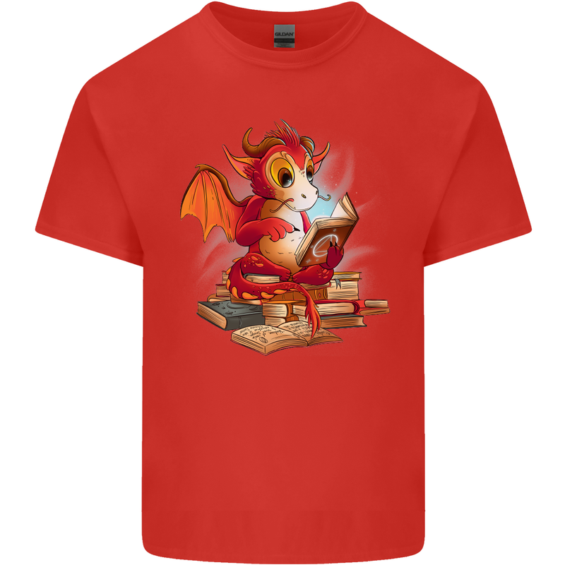 A Book Reading Dragon Bookworm Fantasy Mens Cotton T-Shirt Tee Top Red