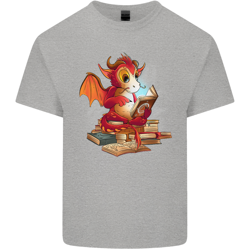 A Book Reading Dragon Bookworm Fantasy Mens Cotton T-Shirt Tee Top Sports Grey