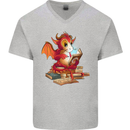 A Book Reading Dragon Bookworm Fantasy Mens V-Neck Cotton T-Shirt Sports Grey