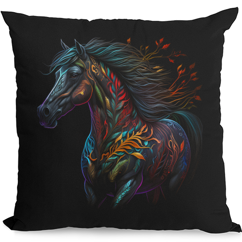 A Colourful Horse With Fantasy Markings Mens Womens Kids Unisex Black Cushion Cover