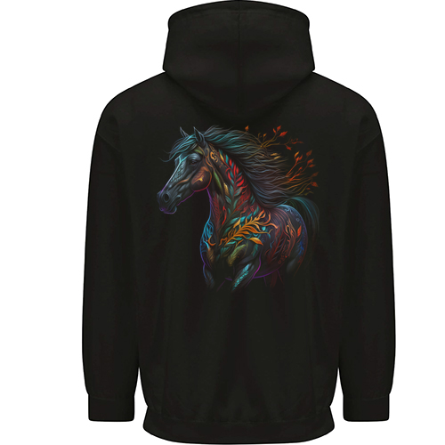 A Colourful Horse With Fantasy Markings Mens Womens Kids Unisex Black Zip Up Hoodie Back Print