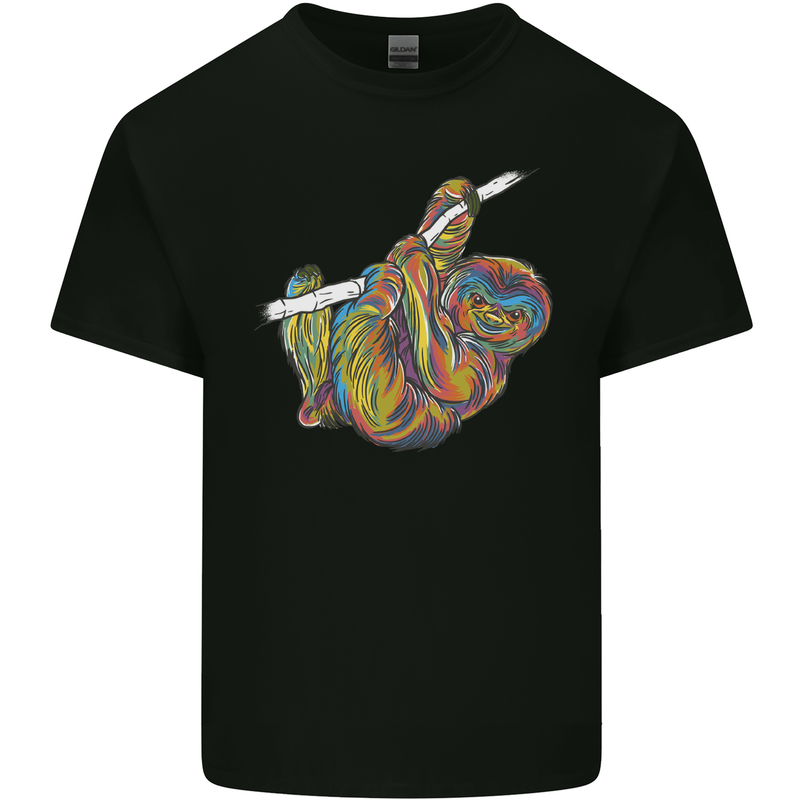 A Colourful Sloth on a Branch Mens Cotton T-Shirt Tee Top Black