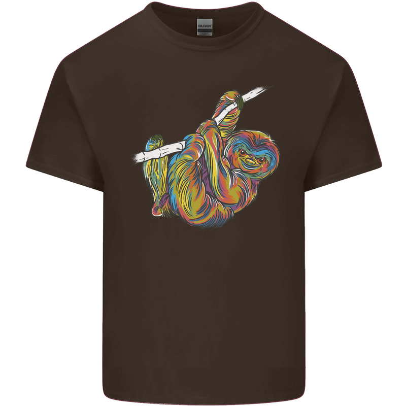 A Colourful Sloth on a Branch Mens Cotton T-Shirt Tee Top Dark Chocolate