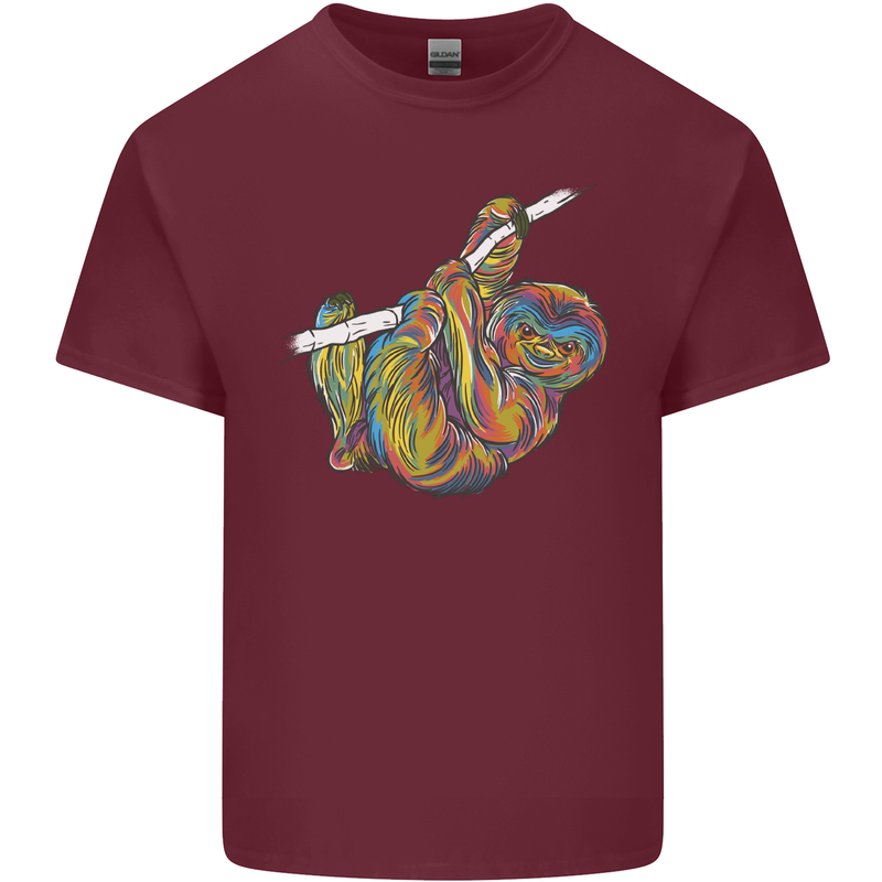 A Colourful Sloth on a Branch Mens Cotton T-Shirt Tee Top Maroon