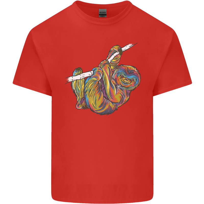 A Colourful Sloth on a Branch Mens Cotton T-Shirt Tee Top Red