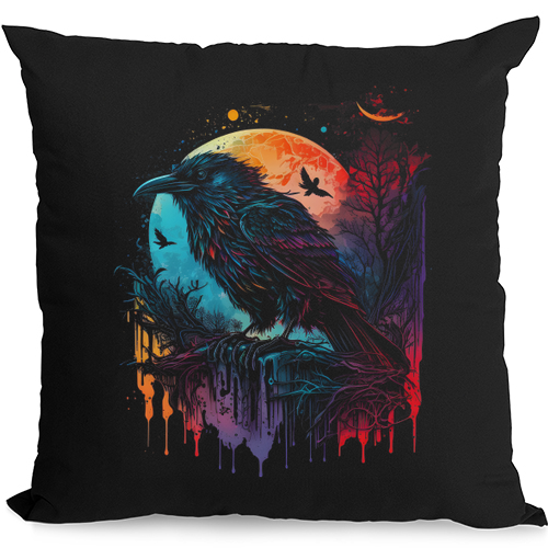 A Crow With a Fantasy Moon Mens Womens Kids Unisex Black Cushion Cover