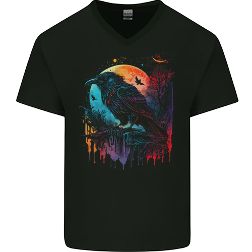 A Crow With a Fantasy Moon Mens Womens Kids Unisex Black Mens V-Neck T-Shirt