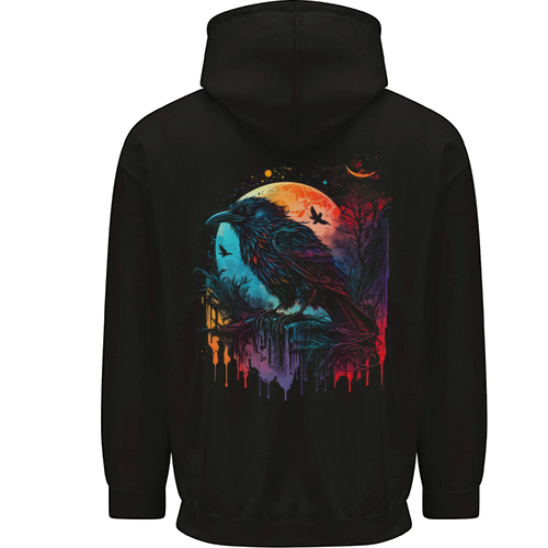 A Crow With a Fantasy Moon Mens Womens Kids Unisex Black Zip Up Hoodie Back Print