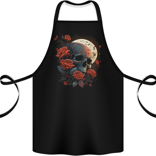A Dark Fantasy Skull With Roses and Moon Mens Womens Kids Unisex Black Apron 100% Cotton