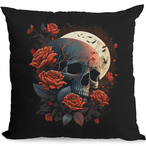 A Dark Fantasy Skull With Roses and Moon Mens Womens Kids Unisex Black Cushion Cover