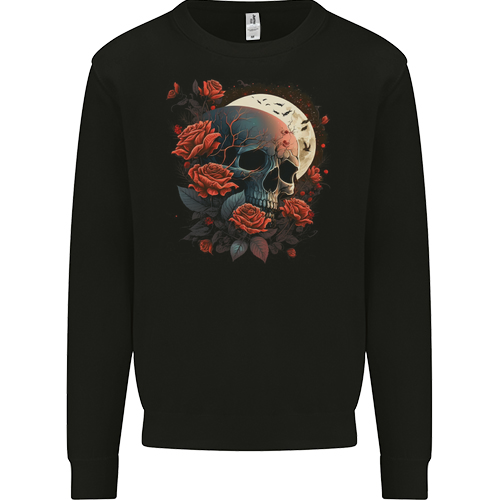 A Dark Fantasy Skull With Roses and Moon Mens Womens Kids Unisex Black Kids Sweatshirt