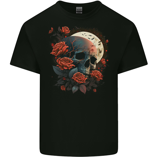 A Dark Fantasy Skull With Roses and Moon Mens Womens Kids Unisex Black Kids T-Shirt