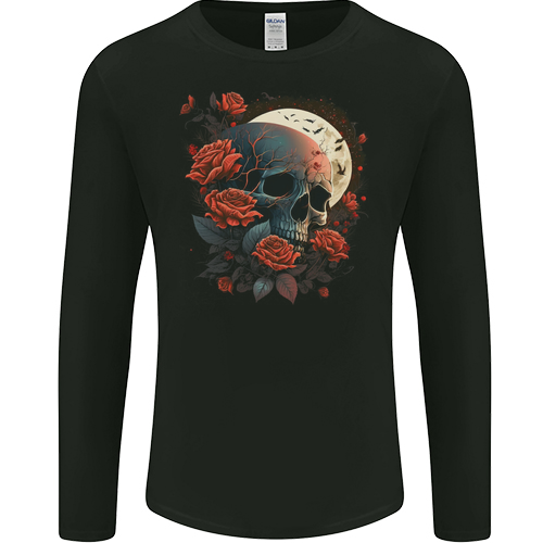 A Dark Fantasy Skull With Roses and Moon Mens Womens Kids Unisex Black Mens L\S T-Shirt