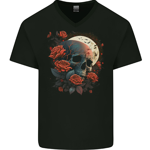 A Dark Fantasy Skull With Roses and Moon Mens Womens Kids Unisex Black Mens V-Neck T-Shirt