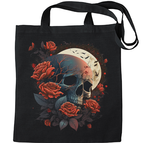 A Dark Fantasy Skull With Roses and Moon Mens Womens Kids Unisex Black Tote Bag